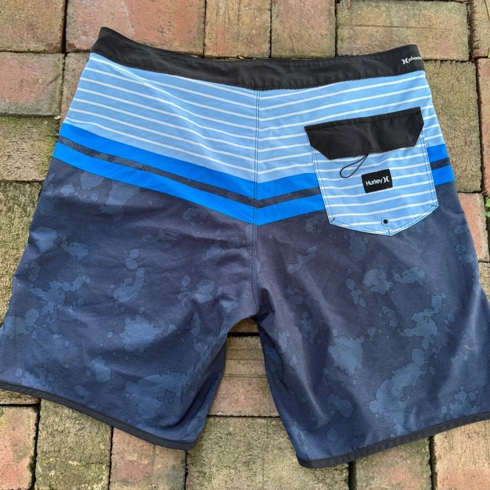 Hurley Phantom Mens Blue Striped Splatter Board Shorts Swim Trunks Size 34